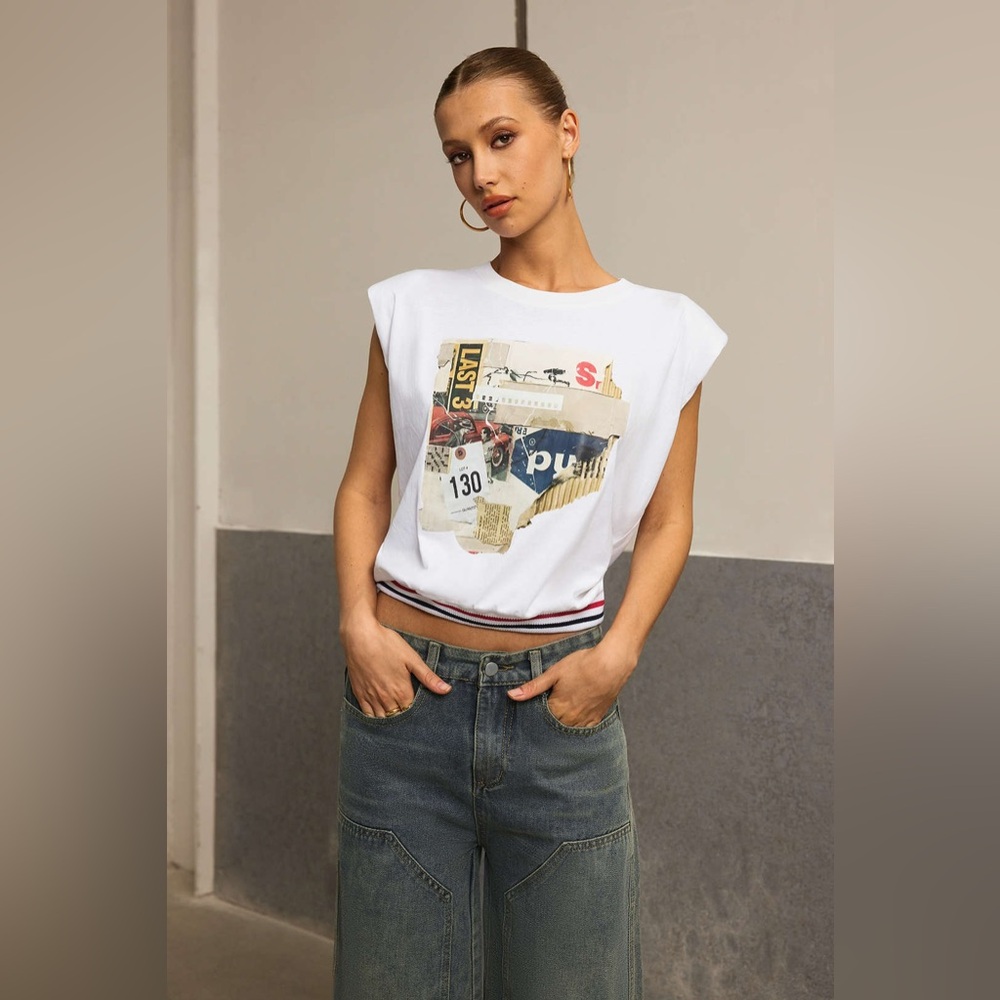 Graphic Retro Abstract Print Patchwork Round Neck Sleeveless T-Shirt M 011-9